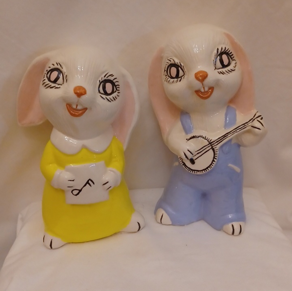 Anthropomorphic Ceramic Handpainted Rabbit Figurines Banjo Player & Choir Singer